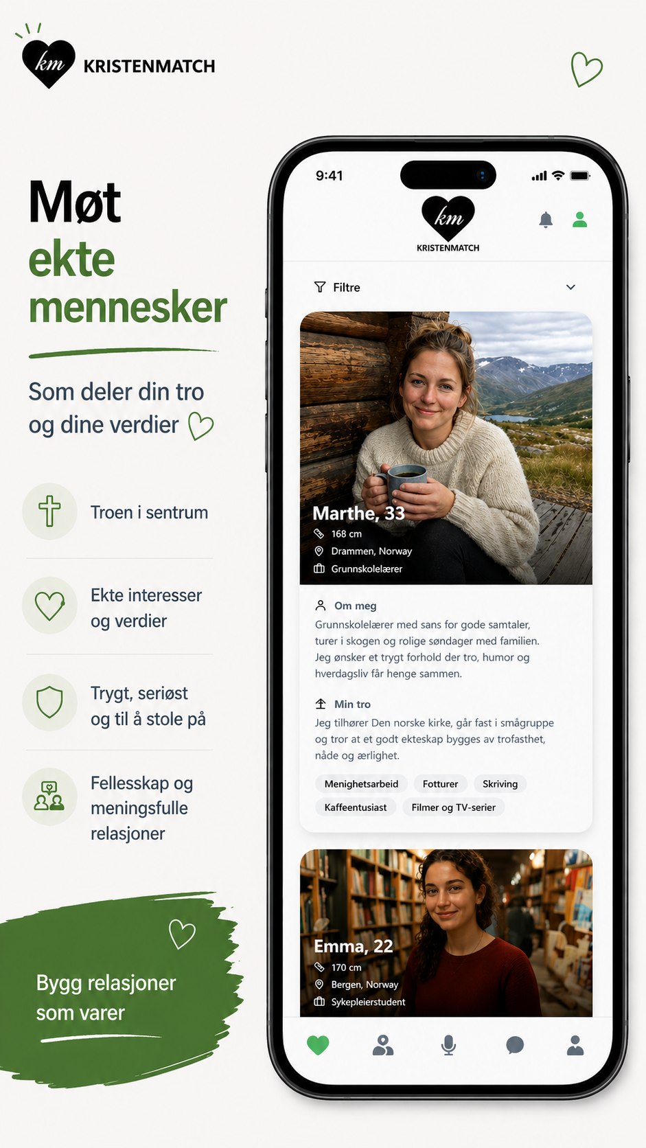 Kristen Match viser profiler med tro, interesser og verdier