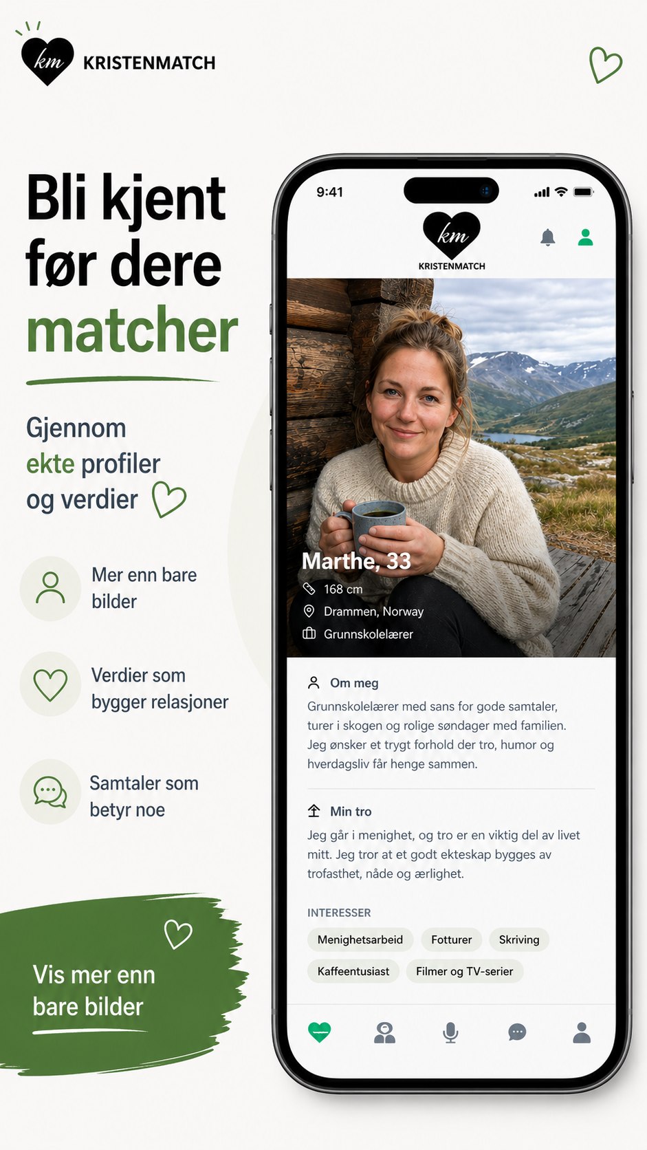 Profilvisning med informasjon om tro og verdier i Kristen Match